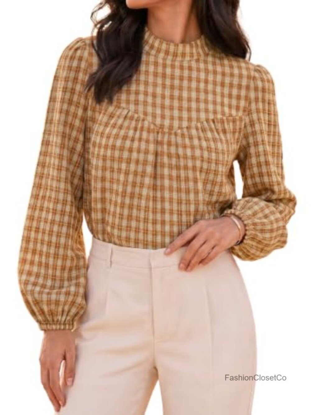 Puff Long Sleeve Flowy Empire Waist Gingham Babydoll Blouse - Picture 3 of 6